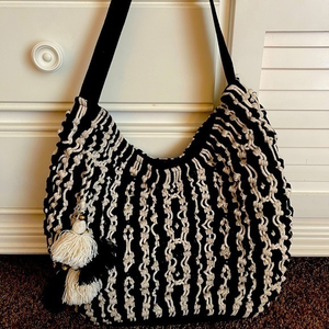Love Stitch Macrame Shoulder Bag‎ Purse w/Poms